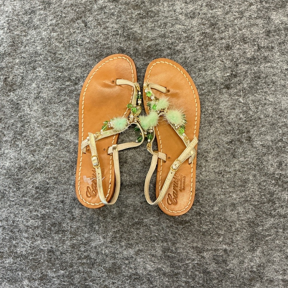 Caruso Embellished Tan Sandals With Green Accents Size 38